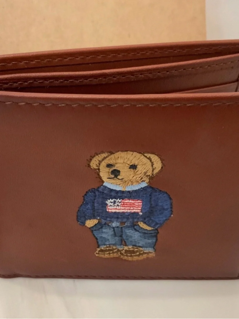 NIB Polo Ralph Lauren Brown FLAG SWEATER BEAR Leather Double Billfold Wallet